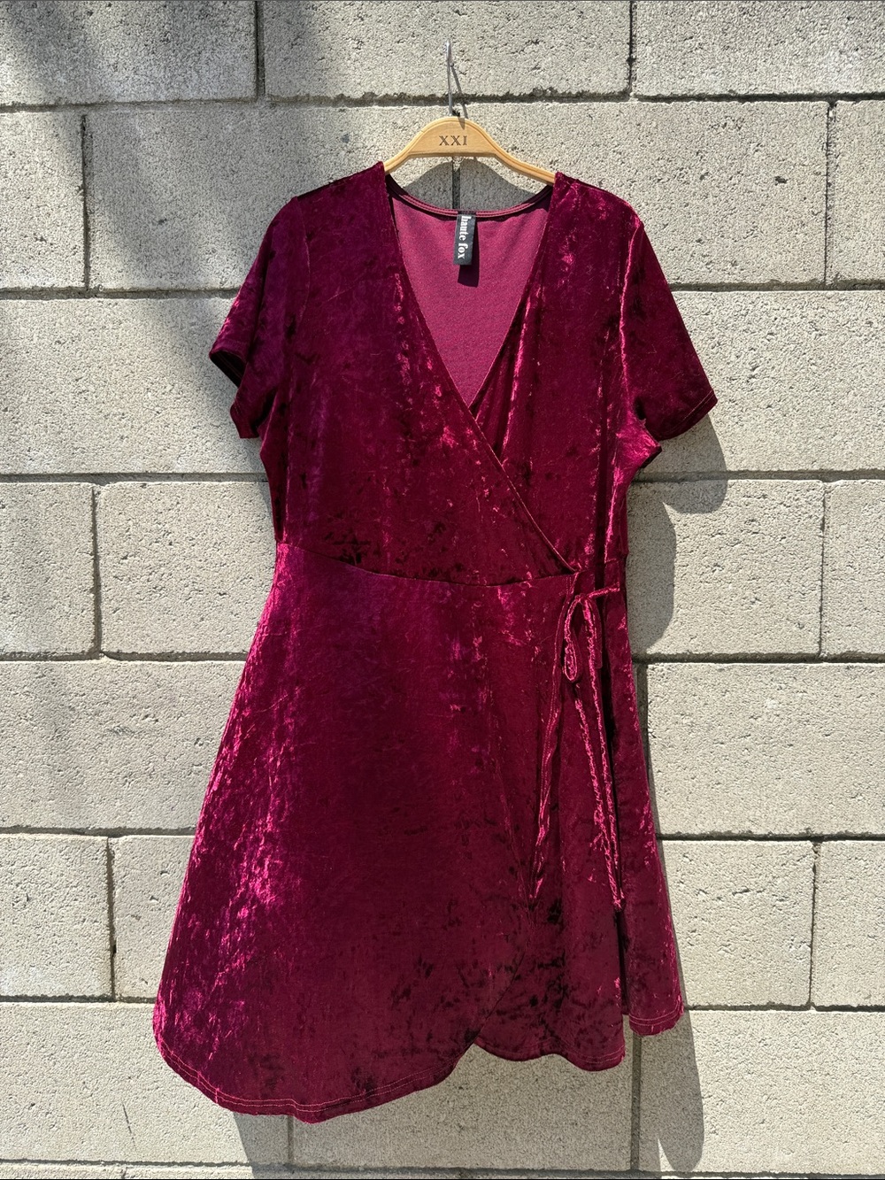 Crushed Velvet Wrap V Neck Mini Dress in Burgundy